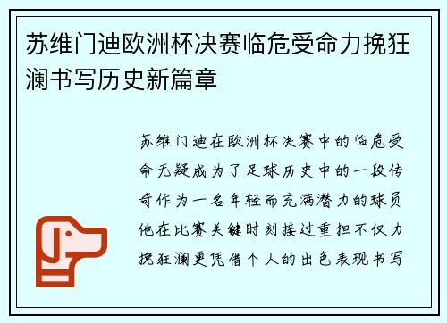 苏维门迪欧洲杯决赛临危受命力挽狂澜书写历史新篇章