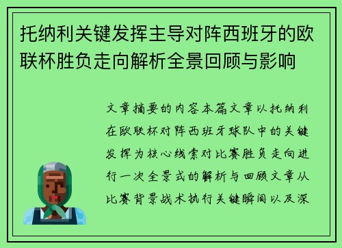 托纳利关键发挥主导对阵西班牙的欧联杯胜负走向解析全景回顾与影响